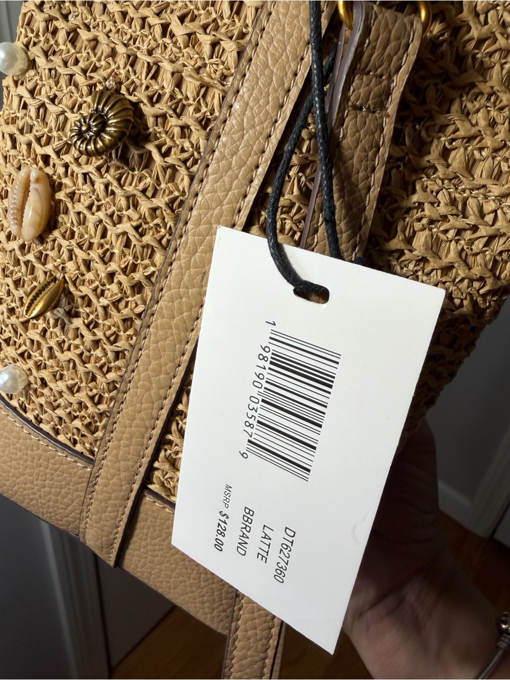 Steve Madden Straw Bucket Bag Shell Embellished Crossbody Latte Woven Beach Boho - Picture 10 of 10